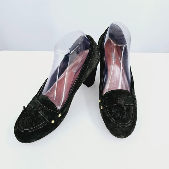 Nara Shoes Tasseled Penny Loafer Pumps 8.5 Dark Green Block Heel Leather Preppy - Picture 13 of 14